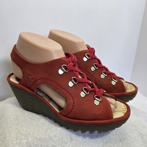 Fly London Ylfa Scarlet Red Leather Lace up Comfort Wedge Sandals 37 (US 6.5-7)